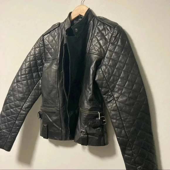 Leathercult Kate Hudson quilted biker perfecto  leather jacket in black - Picture 4 of 7